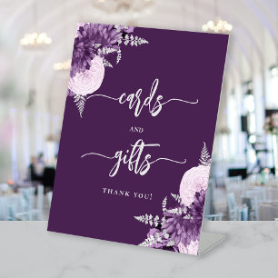 Chic Purple Silver Floral Wedding Cards Gifts Pedestal Sign