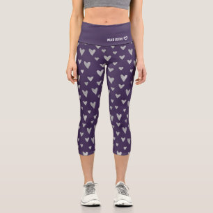 Chic Purple Silver Heart Pattern Personalised Name Capri Leggings