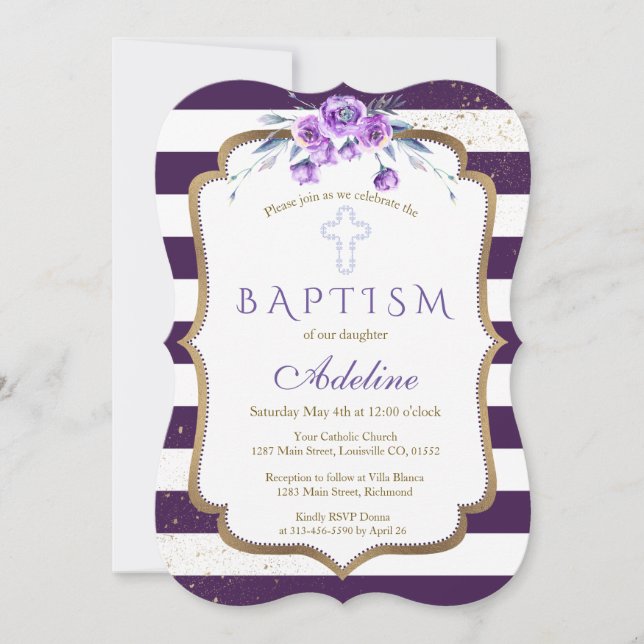 Chic Purple Stripes Gold Violet Floral Baptism Invitation (Front)