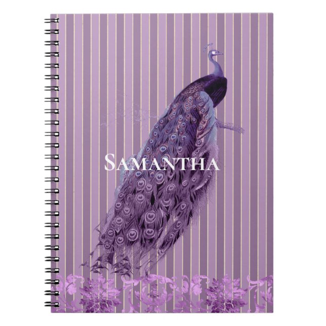 Chic Purple Stripes Peacock Notebook (Front)