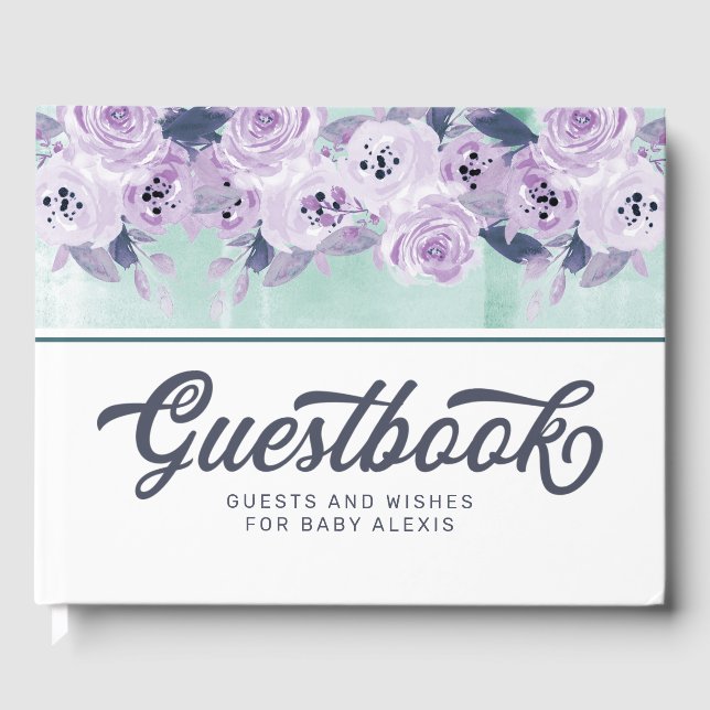Chic Purple & Teal Floral Border Baby Shower Guest Book (Front)