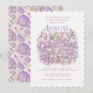 Chic Purple Ugly Sweater Xmas Party Lights TMF26 Invitation