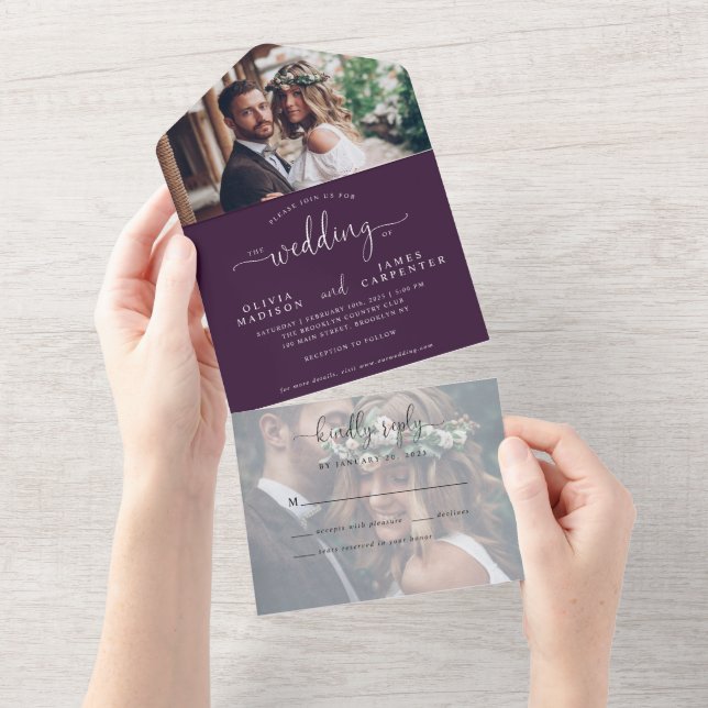 Chic Purple Violet Elegant Script 2 Photo Wedding All In One Invitation (Tearaway)