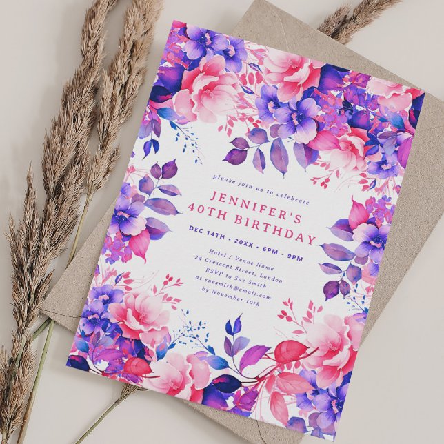 Chic Purple Watercolor Floral 40th Birthday  Invitation (Chic Purple Watercolor Floral 40th Birthday Invitation)