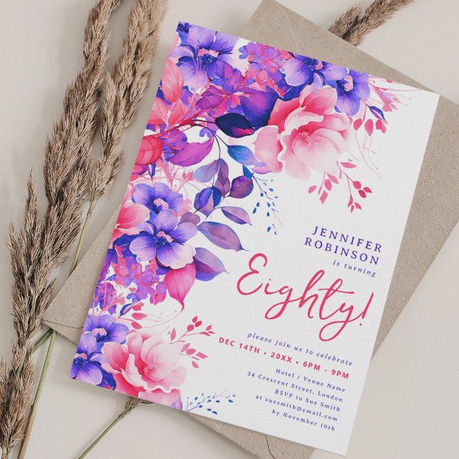 Chic Purple Watercolor Floral 80th Birthday  Invitation (Chic Purple Watercolor Floral 80th Birthday Invitation)