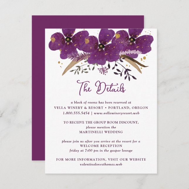 Chic Purple Watercolor Flowers Details Card (Front/Back)