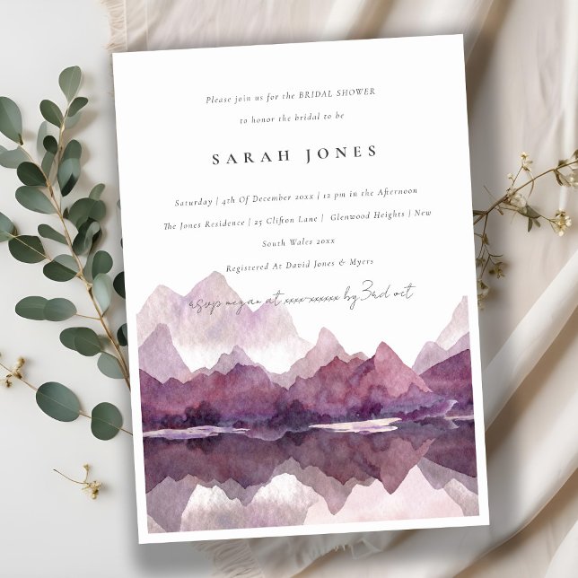 Chic Purple Watercolor Mountain Lake Bridal Shower Invitation (Creator Uploaded)