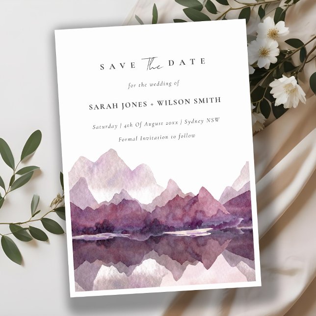 Chic Purple Watercolor Mountain Lake Save The Date Invitation (Creator Uploaded)