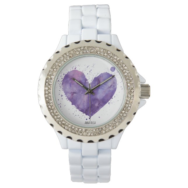 *~* Chic Purple Watercolor Splatter Girly Heart Watch (Front)