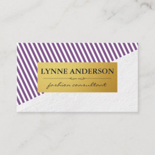 Chic Purple White Stripes Faux Metallic Gold Business Card