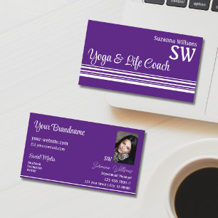 Chic Purple White Stripes with Monogram and Photo Business Card