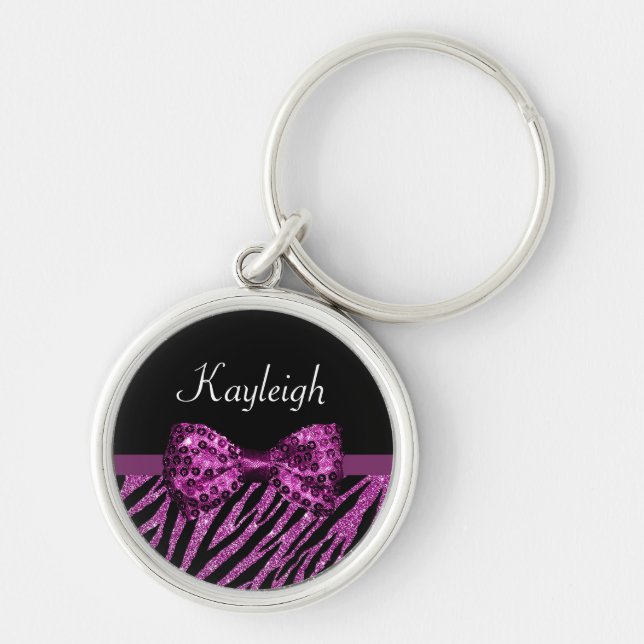 Chic Purple Zebra Print FAUX Glitz Bow With Name Key Ring (Front)