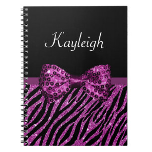Chic Purple Zebra Print FAUX Glitz Bow With Name Spiral Notebook