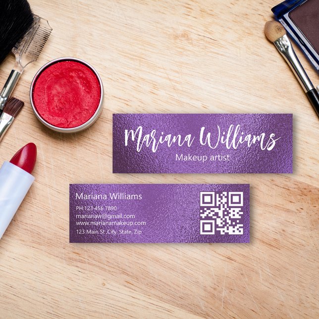 chic qr code makeup artist purple metallic foil mini business card (Creator Uploaded)