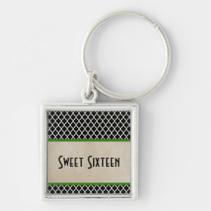 Chic Quatrefoil Sweet 16 Keychain, Green Key Ring