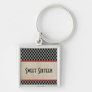 Chic Quatrefoil Sweet 16 Keychain, Red Key Ring
