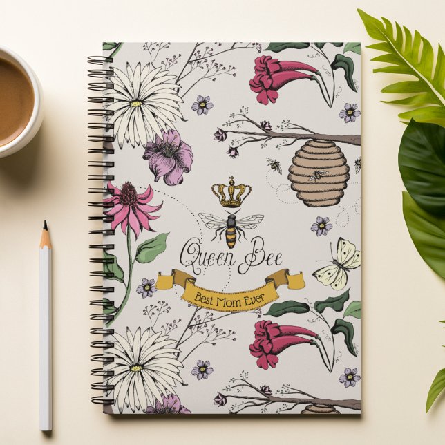 Chic Queen Bee Ivory Best Mum Ever Notebook (Chic Ivory Hand-Drawn Royal Queen Bee Illustration with 3 Custom Texts.
Front: 1 Text
Back: 2 Texts)