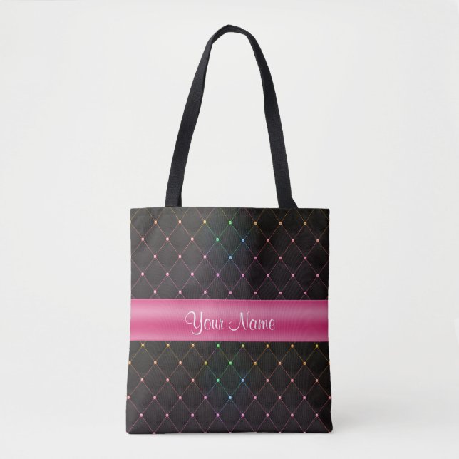 Chic Quilted Pink Black Colourful Personalised Tote Bag (Front)