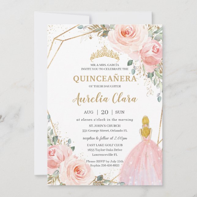 Chic Quinceañera Blush Pink Floral Blonde Birthday Invitation (Front)