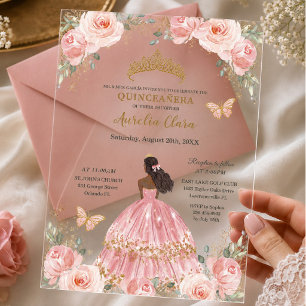 Chic Quinceañera Blush Pink Floral Brown Princess Acrylic Invitations