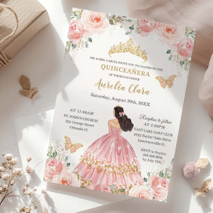Chic Quinceañera Blush Pink Floral Gold Princess Invitation