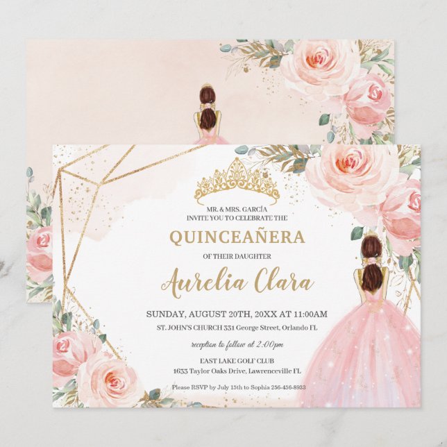 Chic Quinceañera Blush Pink Floral Tiara Birthday  Invitation (Front/Back)