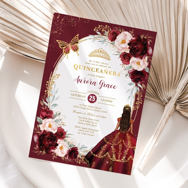 Chic Quinceañera Burgundy Blush Floral Butterfly Invitation (Creator Uploaded)