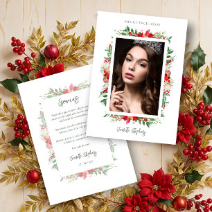 Chic Quinceañera Christmas Poinsettias Frame Photo Thank You Card