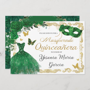 Chic Quinceañera Masquerade Emerald Green Floral I Invitation