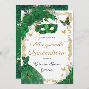 Chic Quinceañera Masquerade Emerald Green Floral Invitation
