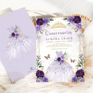 Chic Quinceañera Princess Dress Purple Floral Invitation