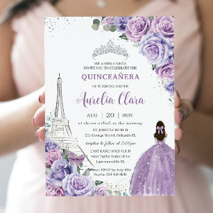 Chic Quinceañera Purple Floral Paris Eiffel Silver Invitation
