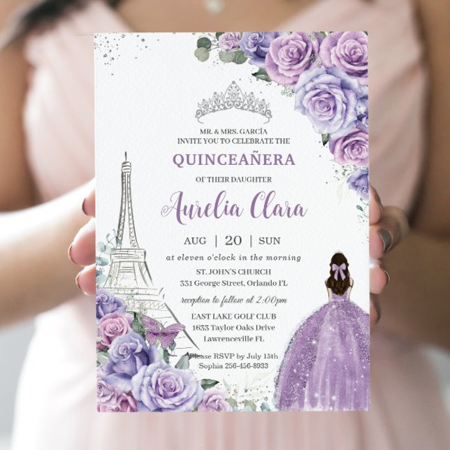 Chic Quinceañera Purple Floral Paris Eiffel Silver Invitation (Creator Uploaded)
