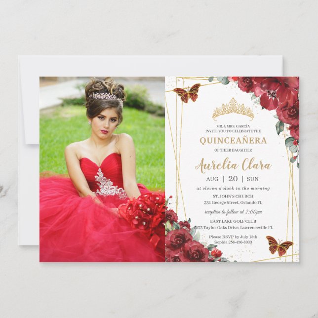 Chic Quinceañera Red Floral Gold Butterflies Photo Invitation (Front)