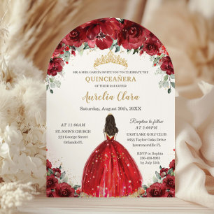 Chic Quinceañera Red Floral Roses Princess Arch Invitation