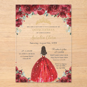 Chic Quinceañera Red Floral Roses Princess Tiara Acrylic Invitations