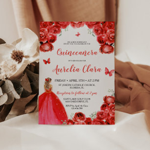 Chic Quinceañera Red Floral Roses Princess Tiara Invitation