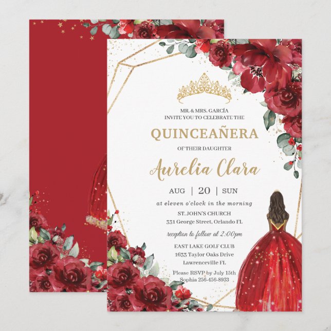 Chic Quinceañera Red Flowers Floral Brown Princess Invitation (Front/Back)