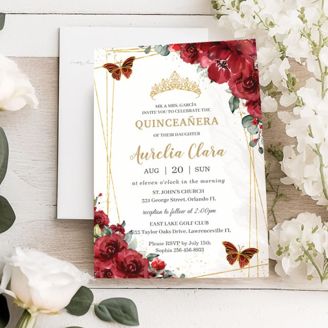 Chic Quinceañera Red Flowers Floral Gold Butterfly Invitation (Creator Uploaded)
