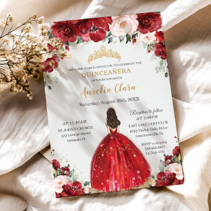 Chic Quinceañera Red Pink Floral Princess Dress Invitation