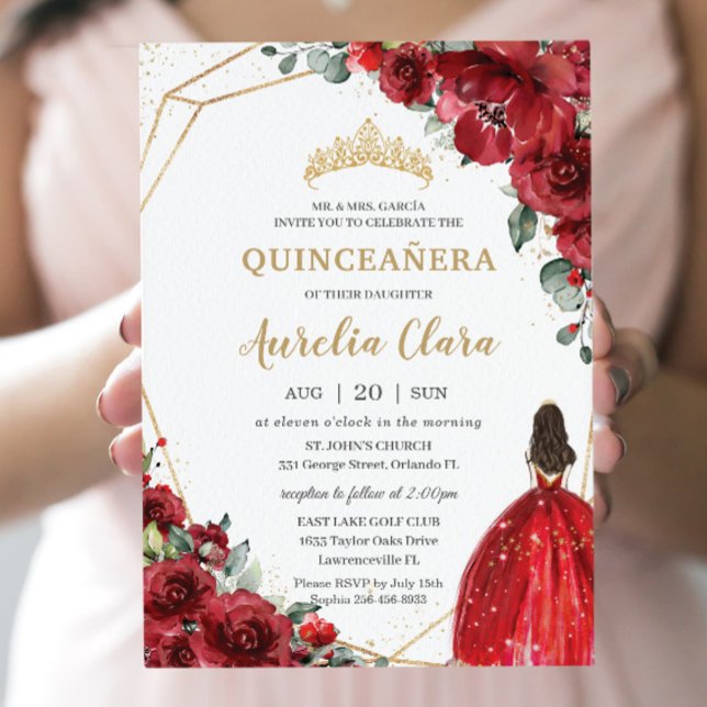 Chic Quinceañera Red Roses Flowers Floral Princess Invitation (Creator Uploaded)