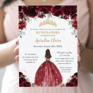 Chic Quinceañera Rich Burgundy Red Floral Princess Invitation