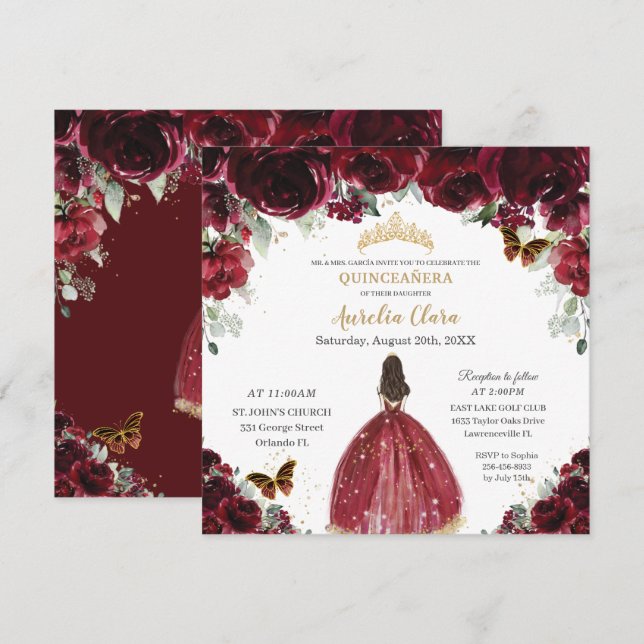 Chic Quinceañera Rich Burgundy Red Floral Princess Invitation (Front/Back)