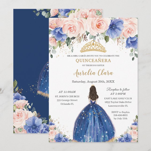 Chic Quinceañera Royal Blue Blush Floral Princess  Invitation (Front/Back)
