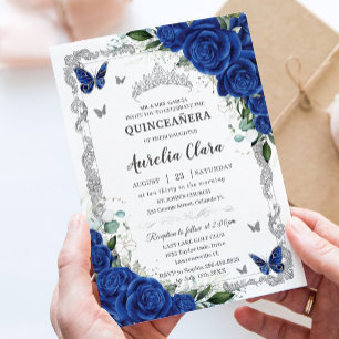 Chic Quinceañera Royal Blue Floral Vintage Silver Invitation