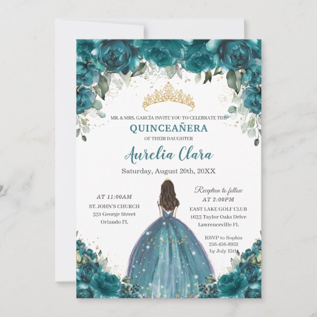 Chic Quinceañera Teal Cyan Floral Princess Crown Invitation (Front)