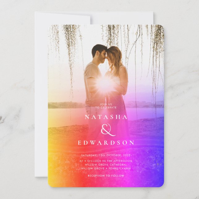 Chic Rainbow Abstract Overlay Photo Wedding Invitation (Front)
