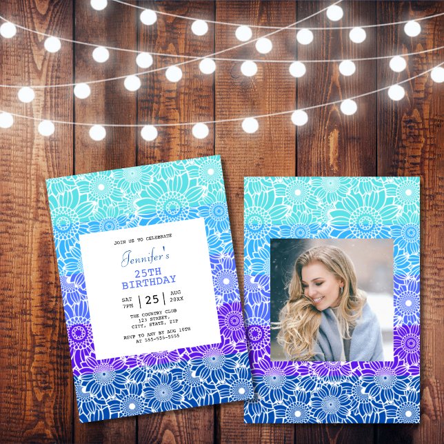 Chic Rainbow Blue Stripes Floral Photo Birthday  Invitation (Creator Uploaded)