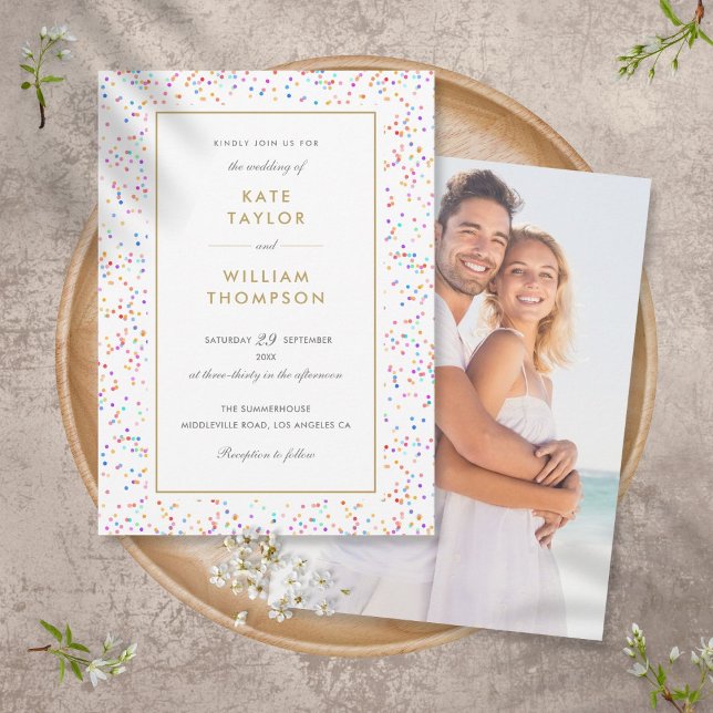 Chic Rainbow Confetti Photo Wedding Invitation (Creator Uploaded)