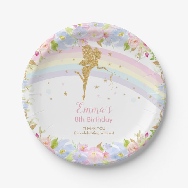 Chic Rainbow Fairy Girl Birthday Pink Floral Paper Plate (Front)